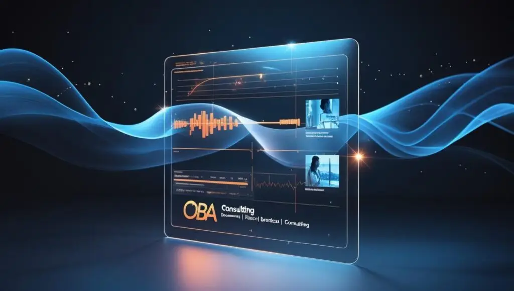 lentille de caméra avec reflets high-tech, interface d'IA stylisée, ondes sonores abstraites