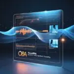 lentille de caméra avec reflets high-tech, interface d'IA stylisée, ondes sonores abstraites